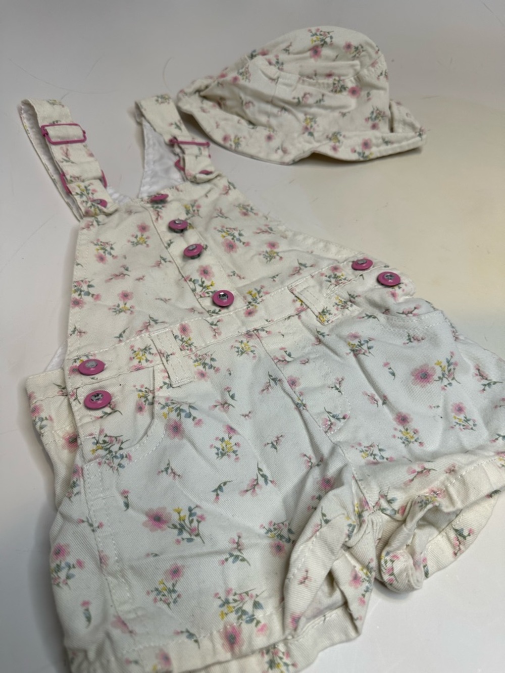 Girls 2 piece Summer Floral Cream Overall Romper with Bucket Sun Hat Set